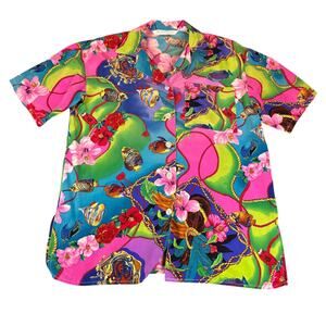 Vintage Bella Camicie Shirt Womens Small Silk Hawaiian Floral Fish Print 90s